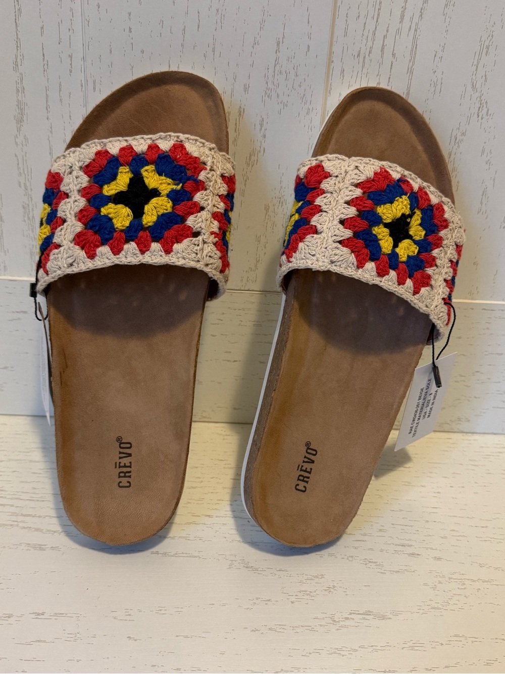 Crevo Crochet Slide Sandals in Red, Blue, Yellow and Cream size 8 women